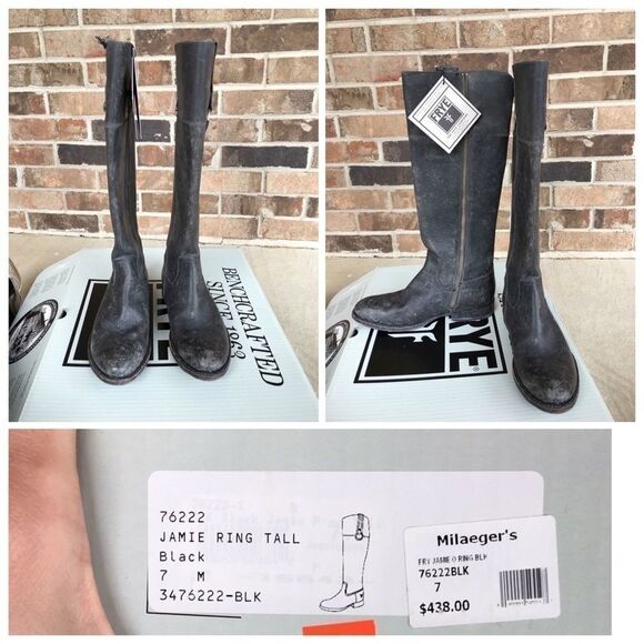 FRYE Jamie Ring Tall Boot Black Distressed Boots - Picture 2 of 4